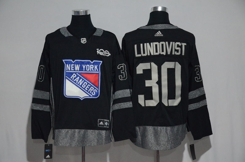 NHL New York Rangers #30 Lundqvist Black 1917-2017 100th Anniversary Stitched Jersey->->NHL Jersey